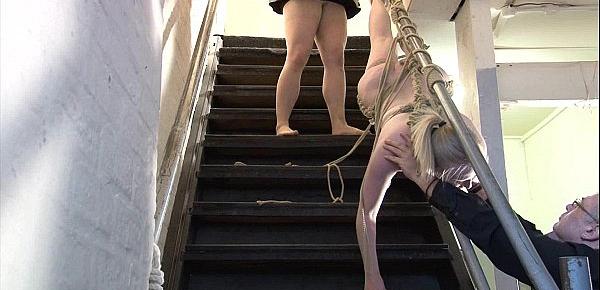  Blonde bondage babe Satine Sparks lesbian domination and stairway tied damsel